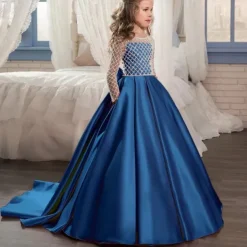 Kids Girls' Flower Girl Dress Party Dress Solid Color Long Sleeve Performance Wedding Party Mesh Princess Sweet Mesh Mid-Calf Sheath Dress Tulle Dress Flower Girl's Dress Summer Spring Fall 2-12 Years