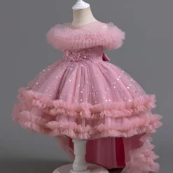 Kids Girls' Flower Girl Dress Party Dress Solid Color Floral Star Sleeveless Wedding Party Special Occasion Sequins Ruched Mesh Adorable Sweet Cotton Polyester Asymmetrical Party Dress Summer Spring