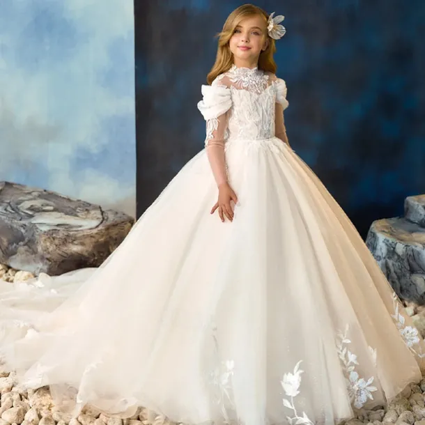 Kids Girls' Flower Girl Dress First Communion Dress Party Dress Solid Color Sleeveless Long Sleeve Performance Wedding Party Mesh Princess Sweet Mesh Mid-Calf Sheath Dress Tulle Dress Summer Spring