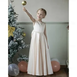 Kids Girls' Flower Girl Dress Party Dress Solid Color Sleeveless Wedding Anniversary Party Fashion Adorable Daily Polyester Summer Spring 2-12 Years Beige