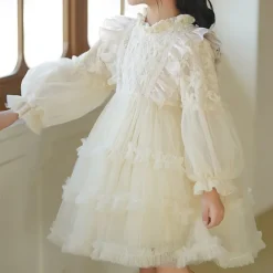 Kids Girls' Flower Girl Dress Party Dress Solid Color Long Sleeve Performance Wedding Party Mesh Princess Beautiful Sweet Polyester Knee-length Party Dress Swing Dress Tulle Dress Summer Spring 5-13