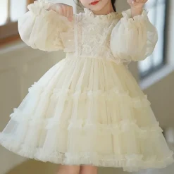 Kids Girls' Flower Girl Dress Party Dress Solid Color Long Sleeve Performance Wedding Party Mesh Princess Beautiful Sweet Polyester Knee-length Party Dress Swing Dress Tulle Dress Summer Spring 5-13