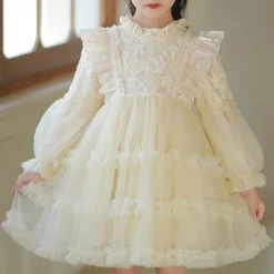 Kids Girls' Flower Girl Dress Party Dress Solid Color Long Sleeve Performance Wedding Party Mesh Princess Beautiful Sweet Polyester Knee-length Party Dress Swing Dress Tulle Dress Summer Spring 5-13