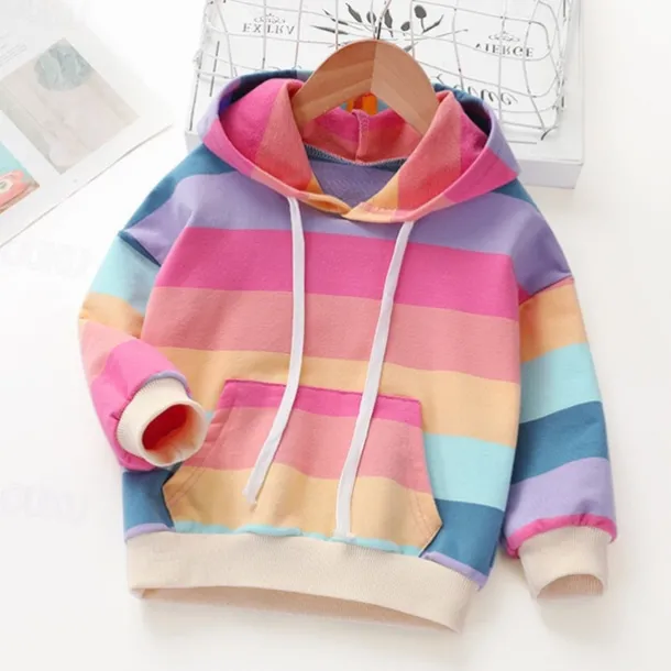 Kids Girls' Hoodie Rainbow Stripe Long Sleeve Pocket Spring Fall Cute Streetwear Daily Cotton Outdoor Casual Regular Fit