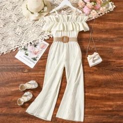 Kids Girls' Overall & Jumpsuit Solid Color Fashion Off Shoulder School 7-13 Years Summer Beige
