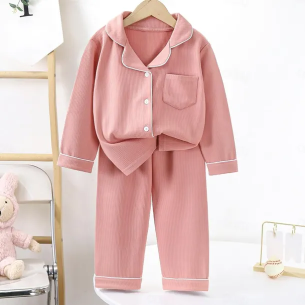 Kids Girls' Pajama Sets Long Sleeve SY01-pajamas light pink Yellow Light Green Solid Color Button Spring Fall Active Home 7-13 Years