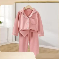 Kids Girls' Pajama Sets Long Sleeve SY01-pajamas light pink Yellow Light Green Solid Color Button Spring Fall Active Home 7-13 Years