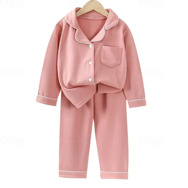 Kids Girls' Pajama Sets Long Sleeve SY01-pajamas light pink Yellow Light Green Solid Color Button Spring Fall Active Home 7-13 Years