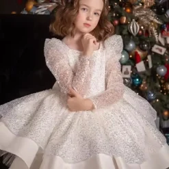 Kids Girls' Party Dress Solid Color Long Sleeve Performance Wedding Party Mesh Princess Sweet Mesh Mid-Calf Sheath Dress Tulle Dress Summer Spring Fall kids White Champagne