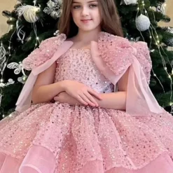 Kids Girls' Party Dress Solid Color 3/4 Length Sleeve Performance Wedding Mesh Princess Sweet Mesh Mid-Calf Sheath Dress Tulle Dress Flower Girl's Dress Summer Spring Fall 2-12 Years Champagne Pink