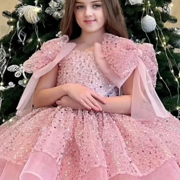 Kids Girls' Party Dress Solid Color 3/4 Length Sleeve Performance Wedding Mesh Princess Sweet Mesh Mid-Calf Sheath Dress Tulle Dress Flower Girl's Dress Summer Spring Fall 2-12 Years Champagne Pink