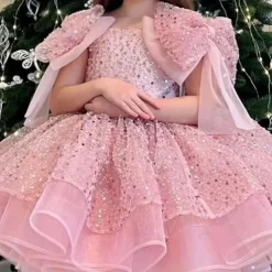 Kids Girls' Party Dress Solid Color 3/4 Length Sleeve Performance Wedding Mesh Princess Sweet Mesh Mid-Calf Sheath Dress Tulle Dress Flower Girl's Dress Summer Spring Fall 2-12 Years Champagne Pink