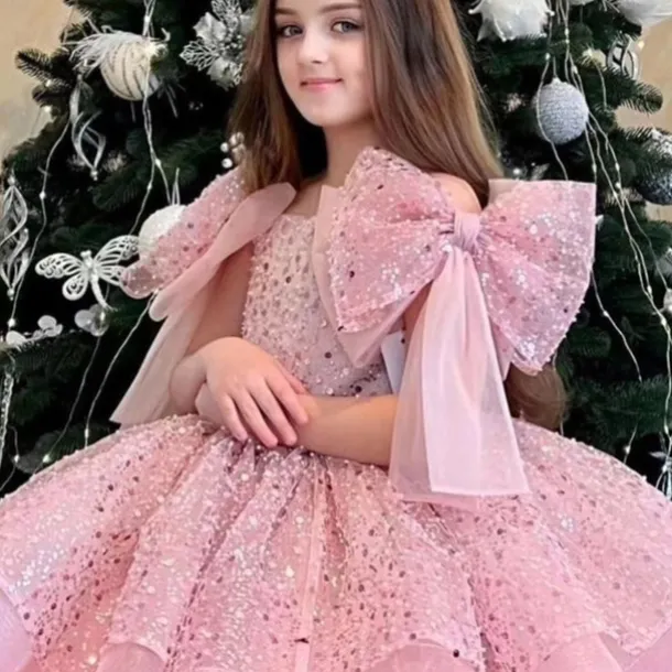 Kids Girls' Party Dress Solid Color 3/4 Length Sleeve Performance Wedding Mesh Princess Sweet Mesh Mid-Calf Sheath Dress Tulle Dress Flower Girl's Dress Summer Spring Fall 2-12 Years Champagne Pink