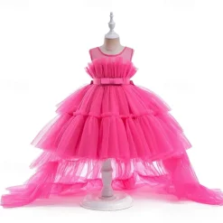 Kids Girls' Party Dress Solid Color Sleeveless Performance Wedding Party Tie Knot Beautiful Sweet Polyester Asymmetrical Party Dress Swing Dress A Line Dress Summer 4 years+ Black White Pink