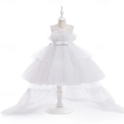 Kids Girls' Party Dress Solid Color Sleeveless Performance Wedding Party Tie Knot Beautiful Sweet Polyester Asymmetrical Party Dress Swing Dress A Line Dress Summer 4 years+ Black White Pink