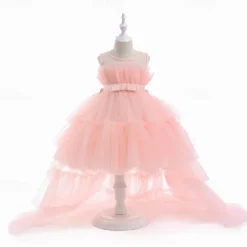 Kids Girls' Party Dress Solid Color Sleeveless Performance Wedding Party Tie Knot Beautiful Sweet Polyester Asymmetrical Party Dress Swing Dress A Line Dress Summer 4 years+ Black White Pink