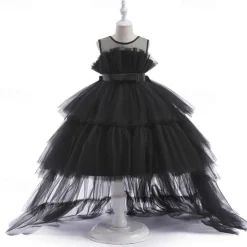 Kids Girls' Party Dress Solid Color Sleeveless Performance Wedding Party Tie Knot Beautiful Sweet Polyester Asymmetrical Party Dress Swing Dress A Line Dress Summer 4 years+ Black White Pink