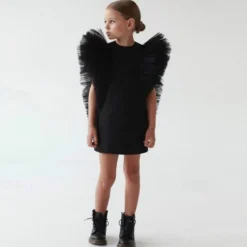 Kids Girls' Party Dress Solid Color Short Sleeve Formal Performance Special Occasion Mesh Fashion Princess Polyester Above Knee Party Dress Spring Fall Winter 3-10 Years Black White