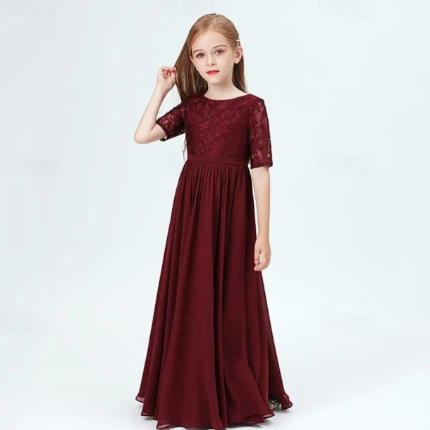 Kids Girls' Party Dress Solid Color Half Sleeve Performance Mesh Princess Sweet Mesh Mid-Calf Sheath Dress Tulle Dress Summer Spring Fall 2-12 Years Wine