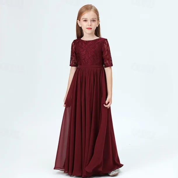 Kids Girls' Party Dress Solid Color Half Sleeve Performance Mesh Princess Sweet Mesh Mid-Calf Sheath Dress Tulle Dress Summer Spring Fall 2-12 Years Wine
