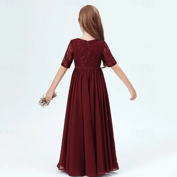 Kids Girls' Party Dress Solid Color Half Sleeve Performance Mesh Princess Sweet Mesh Mid-Calf Sheath Dress Tulle Dress Summer Spring Fall 2-12 Years Wine