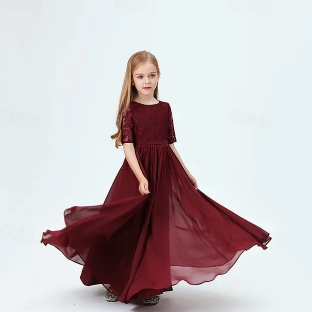 Kids Girls' Party Dress Solid Color Half Sleeve Performance Mesh Princess Sweet Mesh Mid-Calf Sheath Dress Tulle Dress Summer Spring Fall 2-12 Years Wine