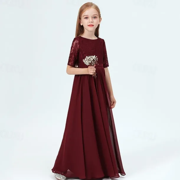 Kids Girls' Party Dress Solid Color Half Sleeve Performance Mesh Princess Sweet Mesh Mid-Calf Sheath Dress Tulle Dress Summer Spring Fall 2-12 Years Wine