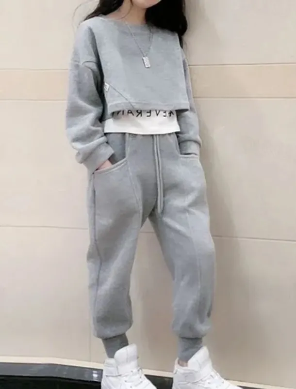 Kids Girls' Sweatshirt & Pants 2 Pieces Clothing Set Long Sleeve Gray Purple Pink Solid Color Sports Vacation Fashion Comfort 3-12 Years