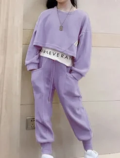 Kids Girls' Sweatshirt & Pants 2 Pieces Clothing Set Long Sleeve Gray Purple Pink Solid Color Sports Vacation Fashion Comfort 3-12 Years