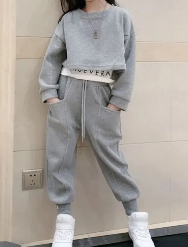 Kids Girls' Sweatshirt & Pants 2 Pieces Clothing Set Long Sleeve Gray Purple Pink Solid Color Sports Vacation Fashion Comfort 3-12 Years