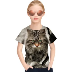 Kids Girls' T shirt Tee Short Sleeve Butterfly Cat Horse Color Block 3D Animal Print Lake blue Navy White Children Tops Basic Streetwear Cute