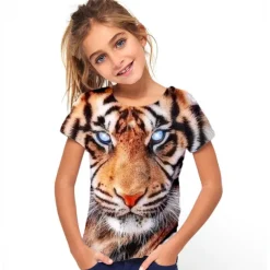 Kids Girls' T shirt Tee Short Sleeve Butterfly Cat Horse Color Block 3D Animal Print Lake blue Navy White Children Tops Basic Streetwear Cute
