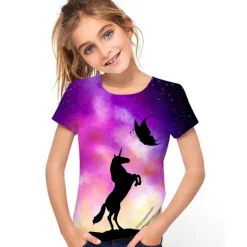 Kids Girls' T shirt Tee Short Sleeve Butterfly Cat Horse Color Block 3D Animal Print Lake blue Navy White Children Tops Basic Streetwear Cute