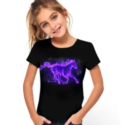 Kids Girls' T shirt Tee Short Sleeve Butterfly Cat Horse Color Block 3D Animal Print Lake blue Navy White Children Tops Basic Streetwear Cute