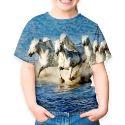 Kids Girls' T shirt Tee Short Sleeve Butterfly Cat Horse Color Block 3D Animal Print Lake blue Navy White Children Tops Basic Streetwear Cute