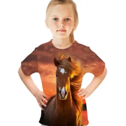 Kids Girls' T shirt Tee Short Sleeve Butterfly Cat Horse Color Block 3D Animal Print Lake blue Navy White Children Tops Basic Streetwear Cute