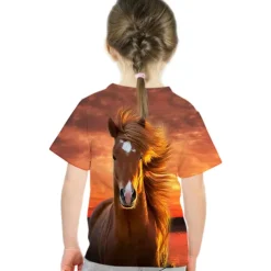 Kids Girls' T shirt Tee Short Sleeve Butterfly Cat Horse Color Block 3D Animal Print Lake blue Navy White Children Tops Basic Streetwear Cute