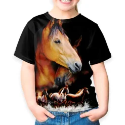 Kids Girls' T shirt Tee Short Sleeve Butterfly Cat Horse Color Block 3D Animal Print Lake blue Navy White Children Tops Basic Streetwear Cute