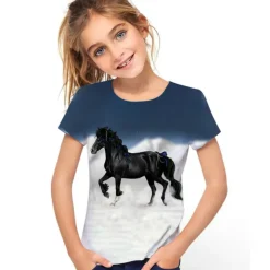 Kids Girls' T shirt Tee Short Sleeve Butterfly Cat Horse Color Block 3D Animal Print Lake blue Navy White Children Tops Basic Streetwear Cute