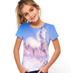 Kids Girls' T shirt Tee Short Sleeve Butterfly Cat Horse Color Block 3D Animal Print Lake blue Navy White Children Tops Basic Streetwear Cute