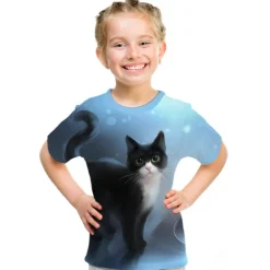 Kids Girls' T shirt Tee Short Sleeve Butterfly Cat Horse Color Block 3D Animal Print Lake blue Navy White Children Tops Basic Streetwear Cute