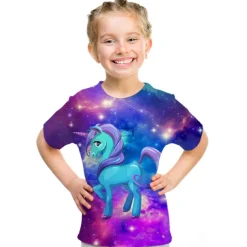 Kids Girls' T shirt Tee Short Sleeve Butterfly Cat Horse Color Block 3D Animal Print Lake blue Navy White Children Tops Basic Streetwear Cute