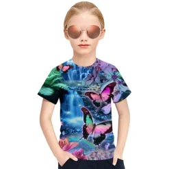 Kids Girls' T shirt Tee Short Sleeve Butterfly Cat Horse Color Block 3D Animal Print Lake blue Navy White Children Tops Basic Streetwear Cute