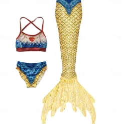 Kids Girls' Three Piece Mermaid Swimwear Swimwear Outdoor Scales Bathing Suits 2-12 Years Summer White Yellow