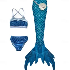 Kids Girls' Three Piece Mermaid Swimwear Swimwear Outdoor Scales Bathing Suits 2-12 Years Summer White Yellow