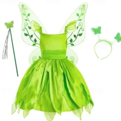 Kids Girls' Tinker Bell Costume Dress Butterfly Party Dress Performance Party Green Asymmetrical Short Sleeve Costume Sweet Dresses Spring Summer Regular Fit 3-10 Years