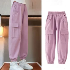 Kids Girls' Trousers Solid Color Sports Pocket School 4 years+ Spring Black Pink Purple