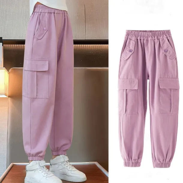 Kids Girls' Trousers Solid Color Sports Pocket School 4 years+ Spring Black Pink Purple