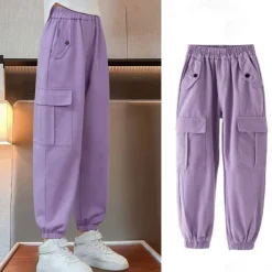 Kids Girls' Trousers Solid Color Sports Pocket School 4 years+ Spring Black Pink Purple