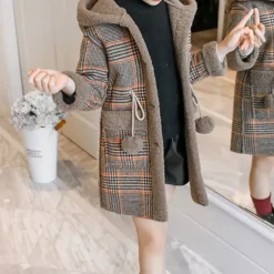 Kids Girls' Woolen Coat Long Sleeve Pink khaki White Plaid Winter Fall Fashion Outdoor 7-13 Years